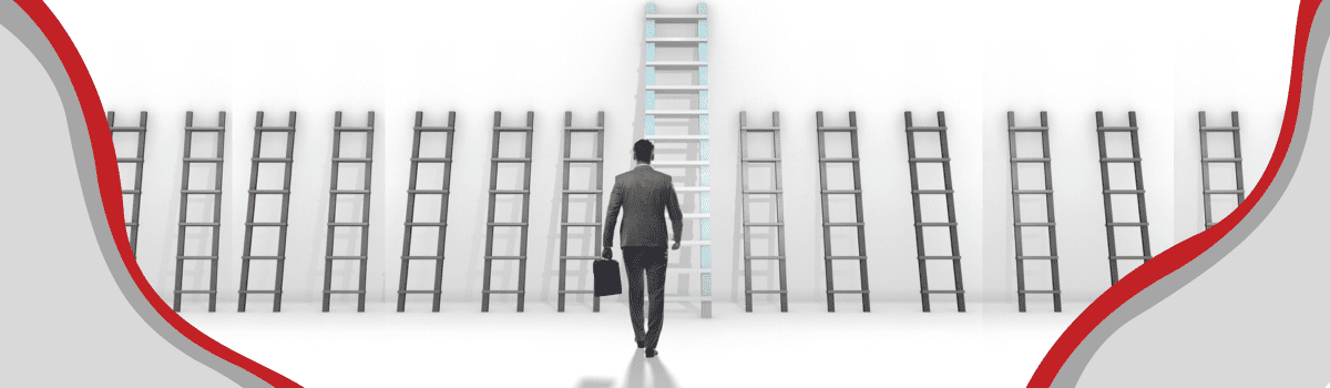 Business man walking towards lots of ladders, one reaches much higher than the others